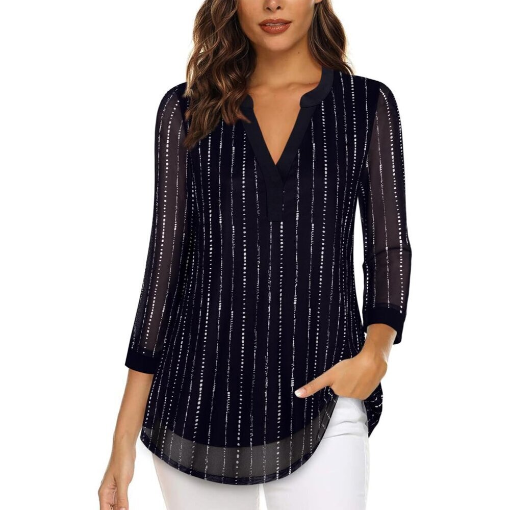 Women's Mesh Blouse 3/4 Sleeve V Neck Double Layers Casual Tops Plus